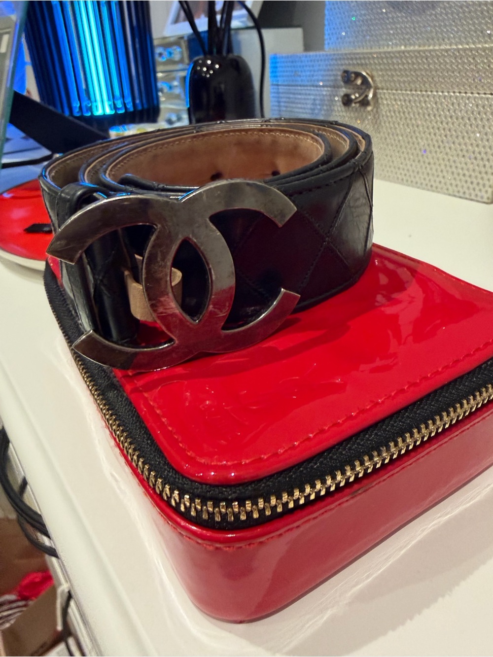 CHANEL Black Quilted Leather Belt with Silver CC Interlocking Buckle